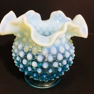 Fenton Blue Opalescent Round Vase Hobnail Ruffle